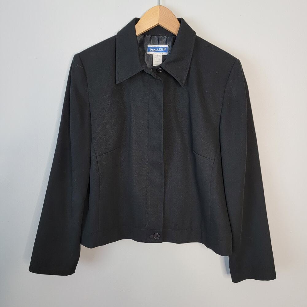 Pendleton VTG Black Wool Zip Blazer Jacket 10 PETITE Timeless Professional USA